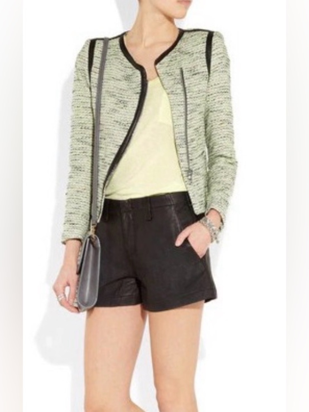 Sandro Paris Vertige Tweed Leather Trim Moto Jacket FR 36 Small